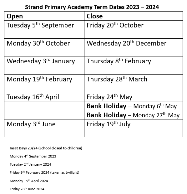 Term Dates Strand Primary Academy